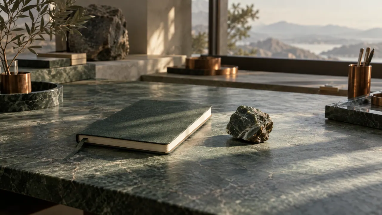 A closed green field notebook beside a small rough mineral specimen