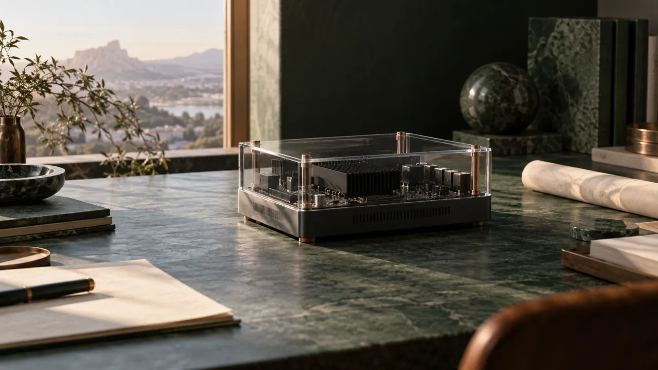 An unbranded compute board inside a clear acrylic case on a marble desk