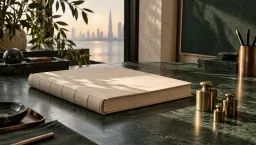 An ivory bound ledger beside a set of brass weights, with a city skyline beyond the window
