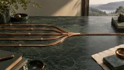 Several copper tracks converging into one at a single junction on a marble desk