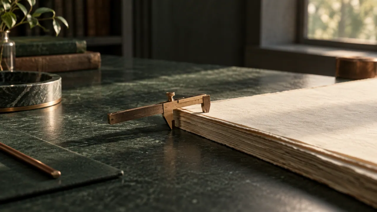 A brass gauge laid across the edge of a thick stack of paper