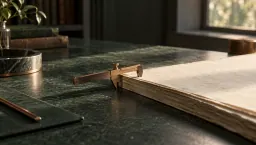 A brass gauge laid across the edge of a thick stack of paper