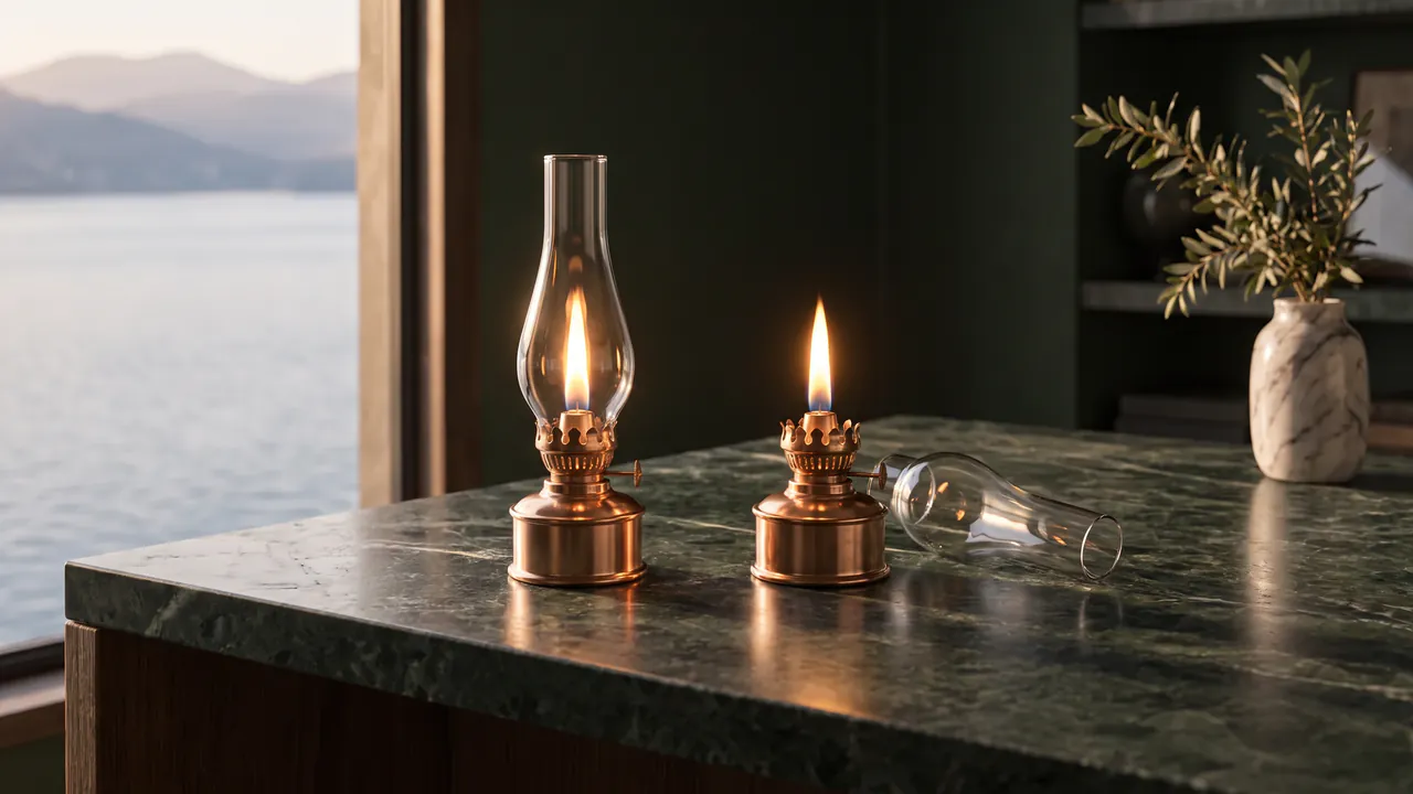 Two identical brass oil lanterns burning with the same flame on a green marble desk, the right one with its glass chimney lifted off and lying beside it