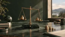 A brass balance scale with graduated brass weights on a marble base