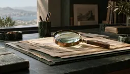A brass magnifying glass resting on layered archival papers and photographs