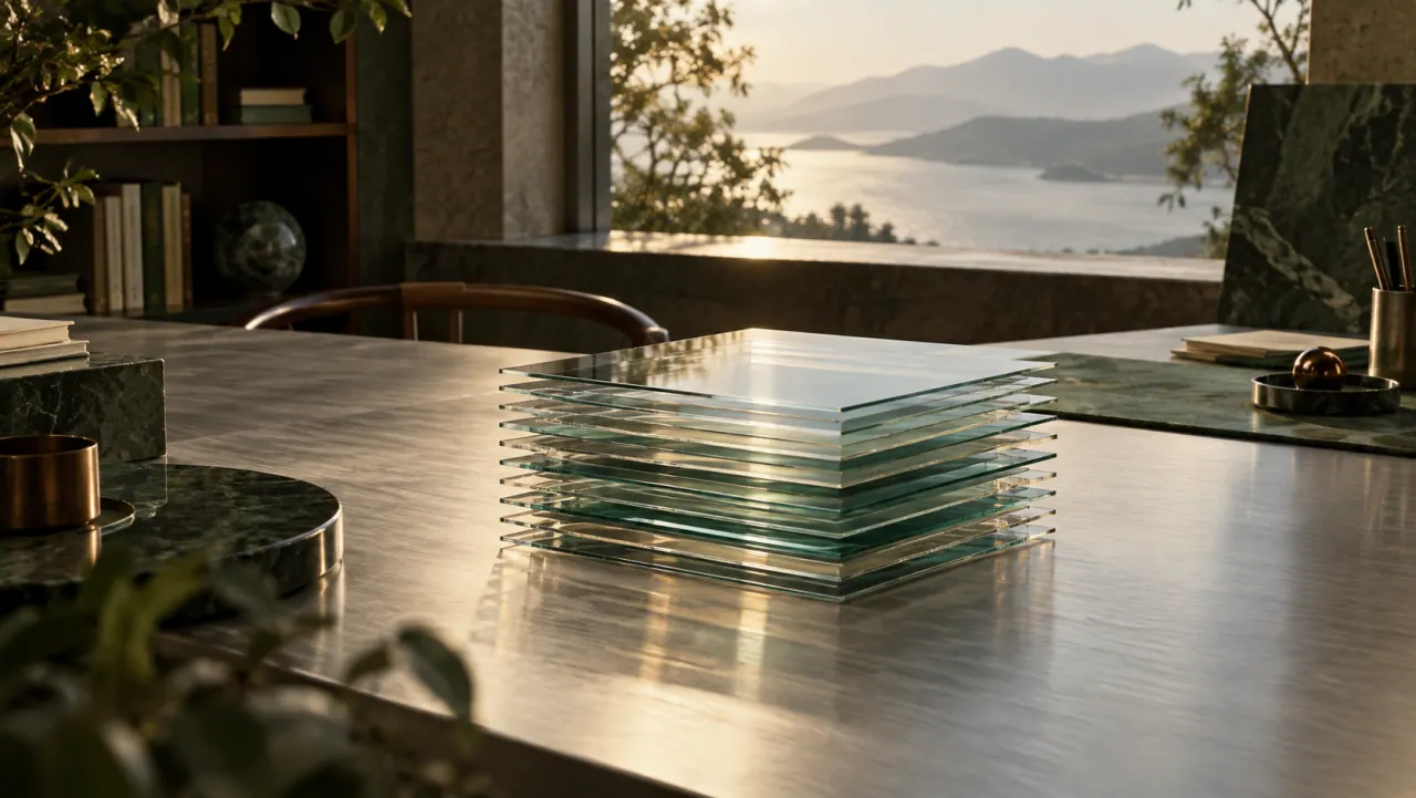 A neat stack of clear glass plates on a broad brushed-aluminium surface