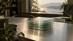 A neat stack of clear glass plates on a broad brushed-aluminium surface