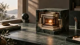 A small glowing core at the centre of a large nested marble and stone cube
