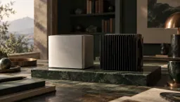 A brushed aluminium block beside a black finned heat sink on a marble slab