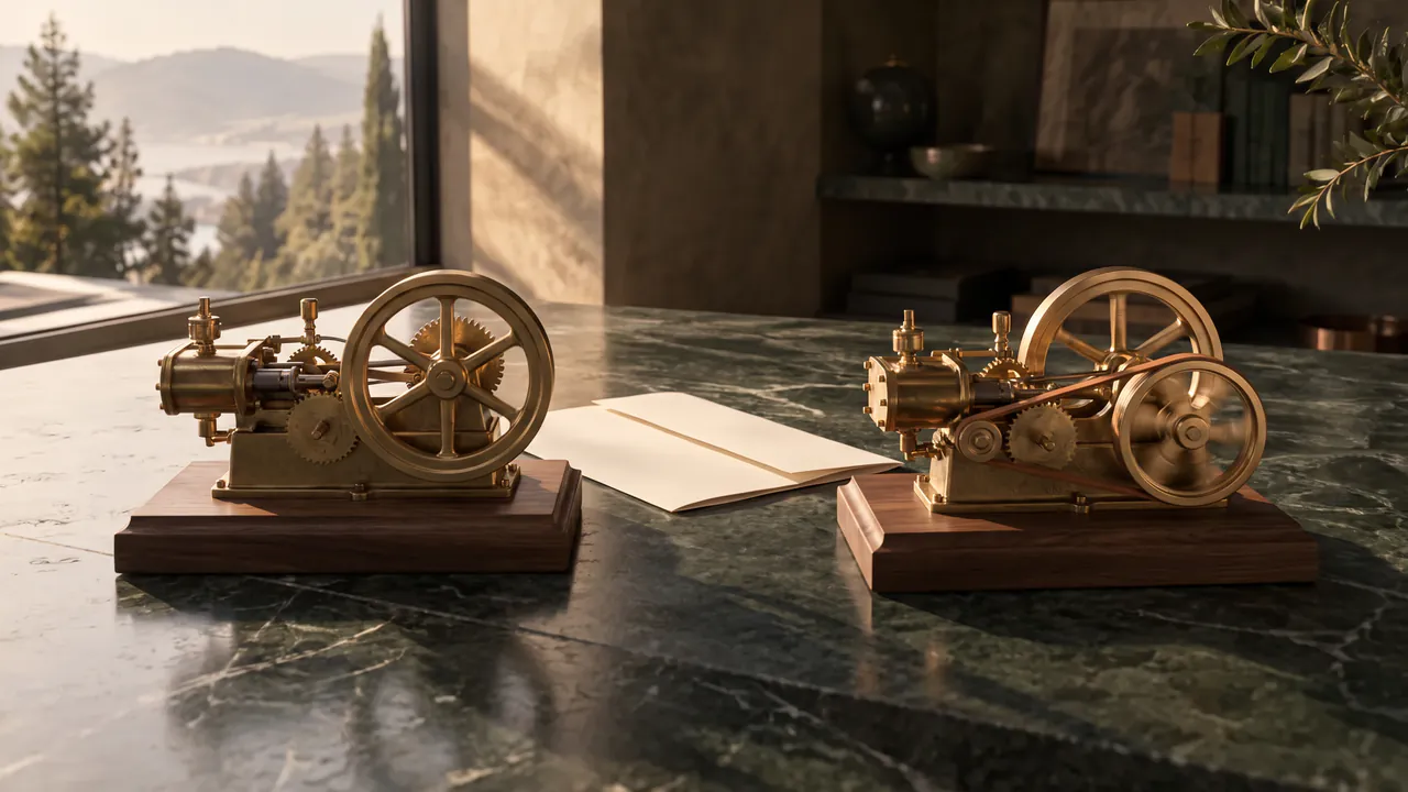 Two small brass engines on wooden plinths on a green marble desk, the right one driving a second, belt-linked wheel that spins beside its flywheel