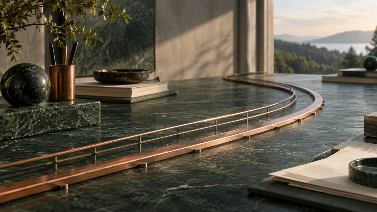 Two parallel copper tracks curving across a marble desk, a finer guide rail running ahead of the main track