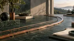 Two parallel copper tracks curving across a marble desk, a finer guide rail running ahead of the main track