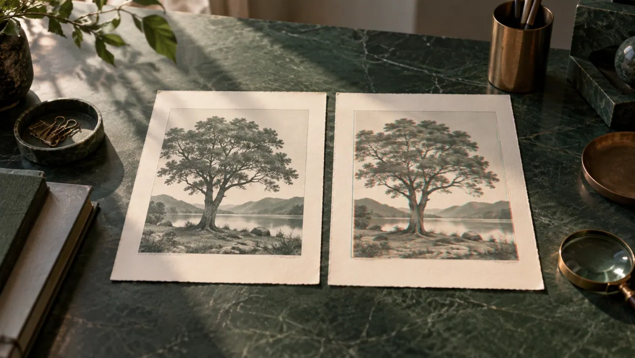Two nearly identical prints of a tree side by side, one slightly out of register