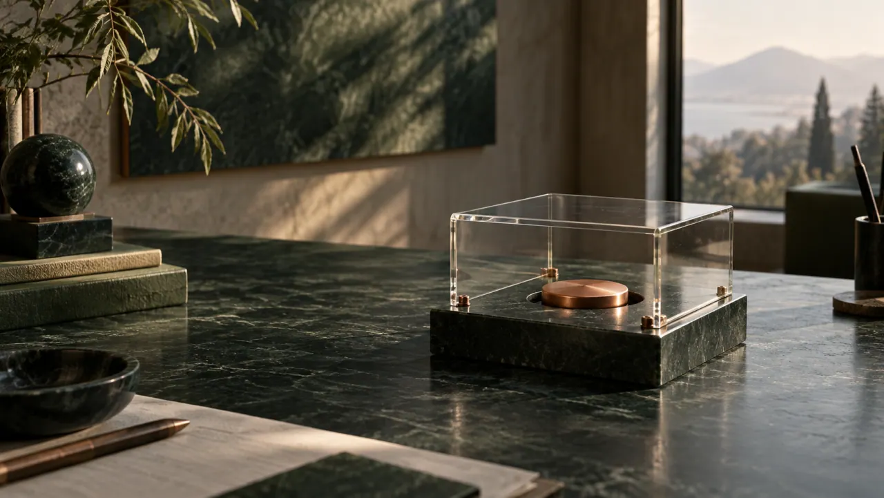 A copper button under a clear protective cover on a marble base