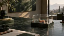 A copper button under a clear protective cover on a marble base