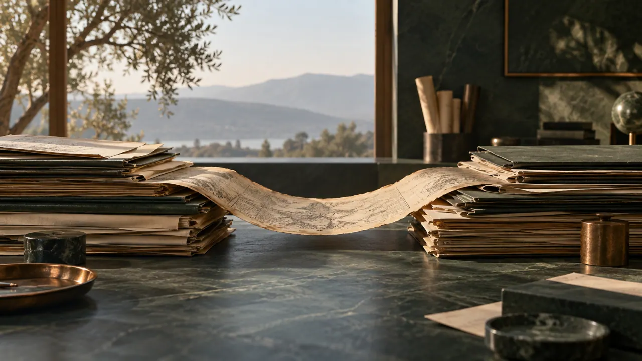 Two stacks of archive papers joined by a long ribbon of paper on a marble desk