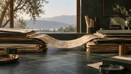 Two stacks of archive papers joined by a long ribbon of paper on a marble desk