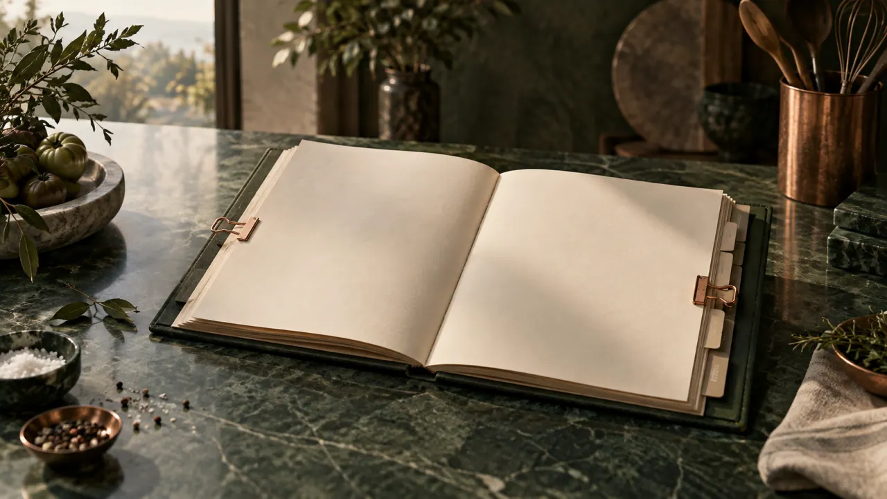 An open folio with blank pages, copper clips and index tabs on a marble kitchen counter