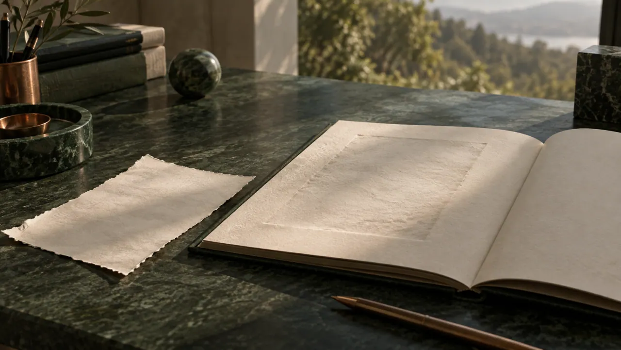 A loose sheet set aside next to an open book whose page still shows the faint impression of it