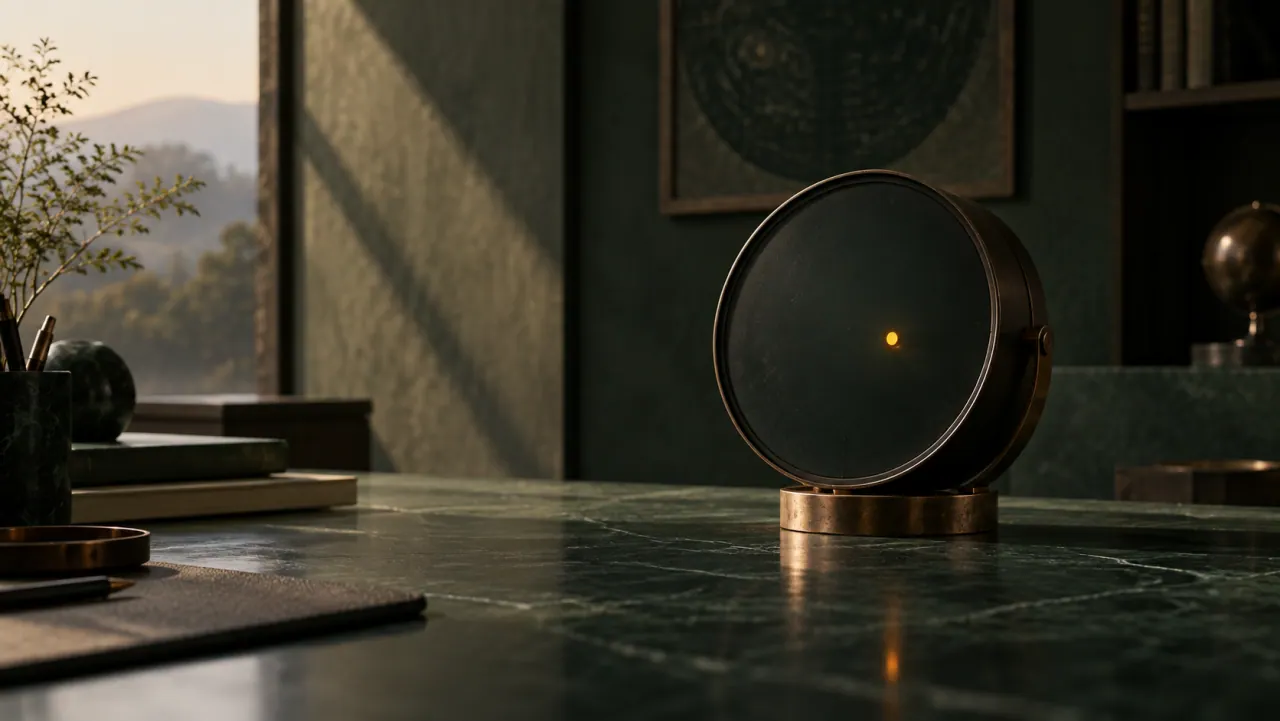A dark round instrument face with a single small amber light, on a brass stand