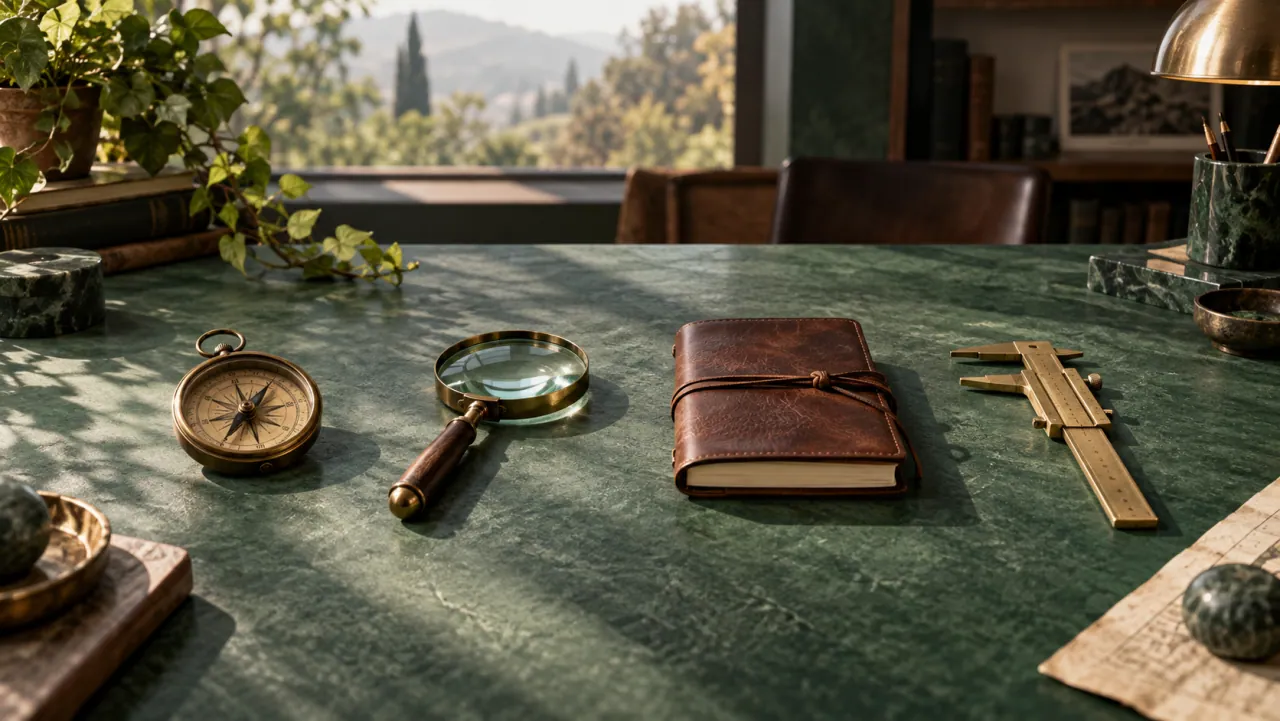 A compass, a magnifying glass, a leather notebook and a brass ruler laid out on a green marble bench