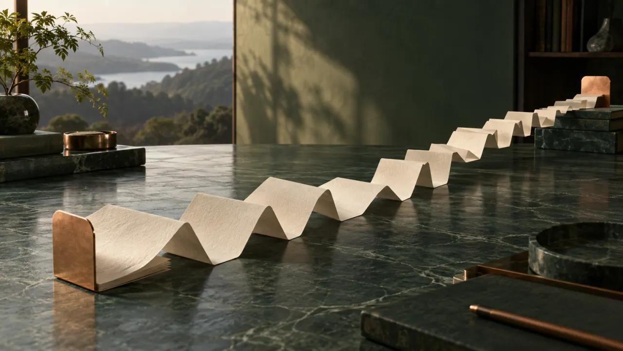 A long zigzag-folded paper ribbon stretching from a copper holder across a desk