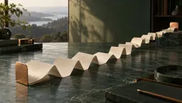 A long zigzag-folded paper ribbon stretching from a copper holder across a desk