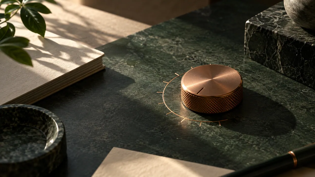 Close-up of a knurled copper rotary dial with a fine engraved scale