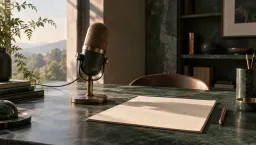 A vintage-style studio microphone beside a blank sheet of paper on a marble desk