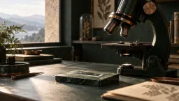 A microscope aimed at an empty specimen mount on a marble desk