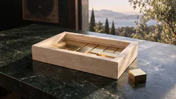 Brass blocks of different sizes packed into an open travertine stone vessel on a green marble desk, filling it exactly to an engraved line inside the rim, with one small brass block left over beside it