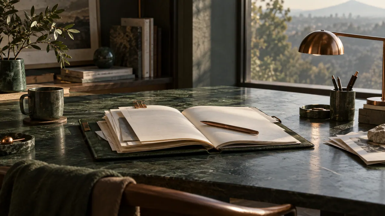 An open notebook with a pen on a desk, a brass lamp and a pen pot nearby, beside a window
