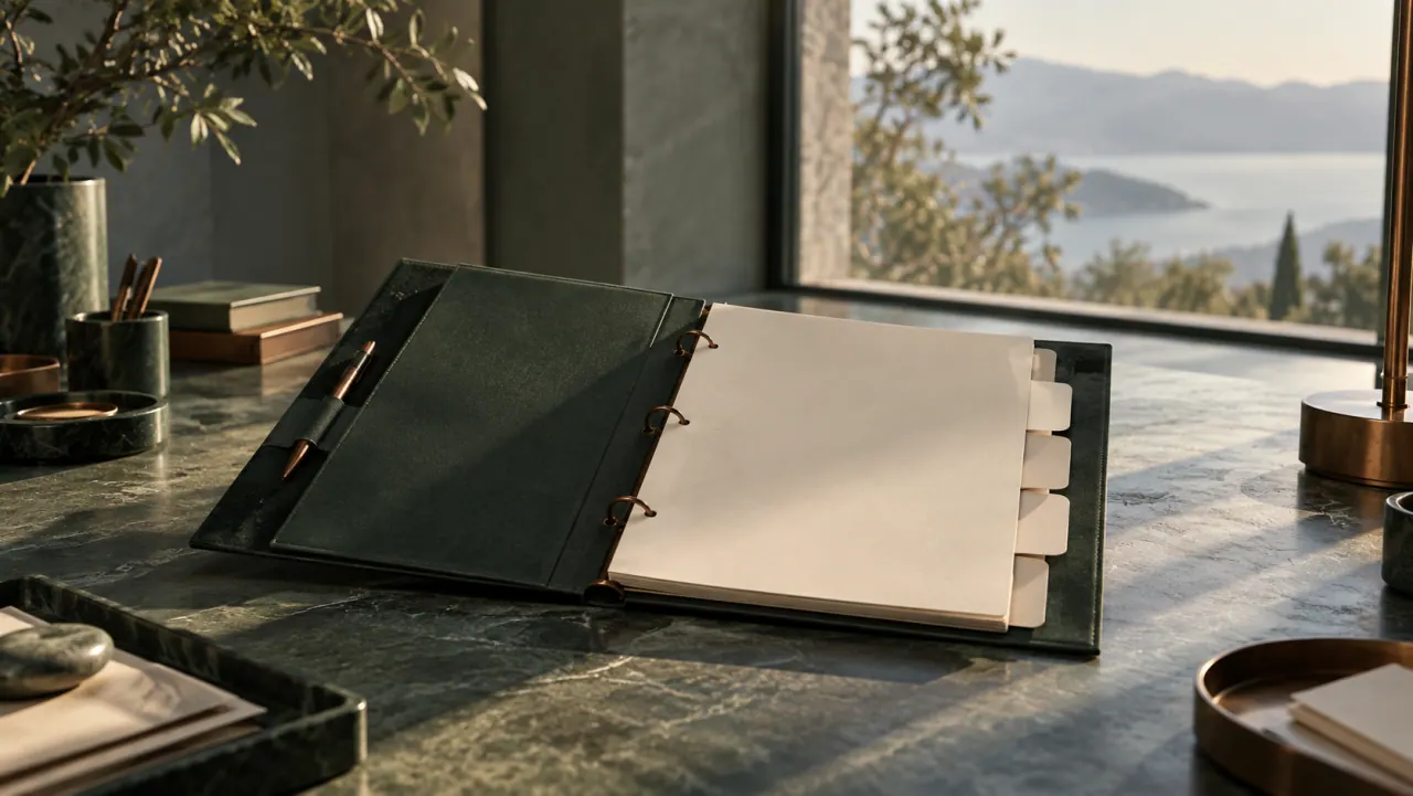 A green ring binder with blank tabbed ivory pages, open on a marble desk