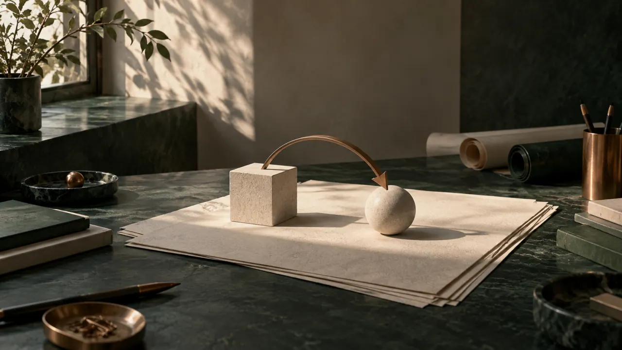 A plain cube and a sphere joined by a copper arc, resting on a stack of blank paper