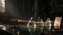 A brass lamp shines a beam through three clear glass prisms onto an ivory card on a marble desk