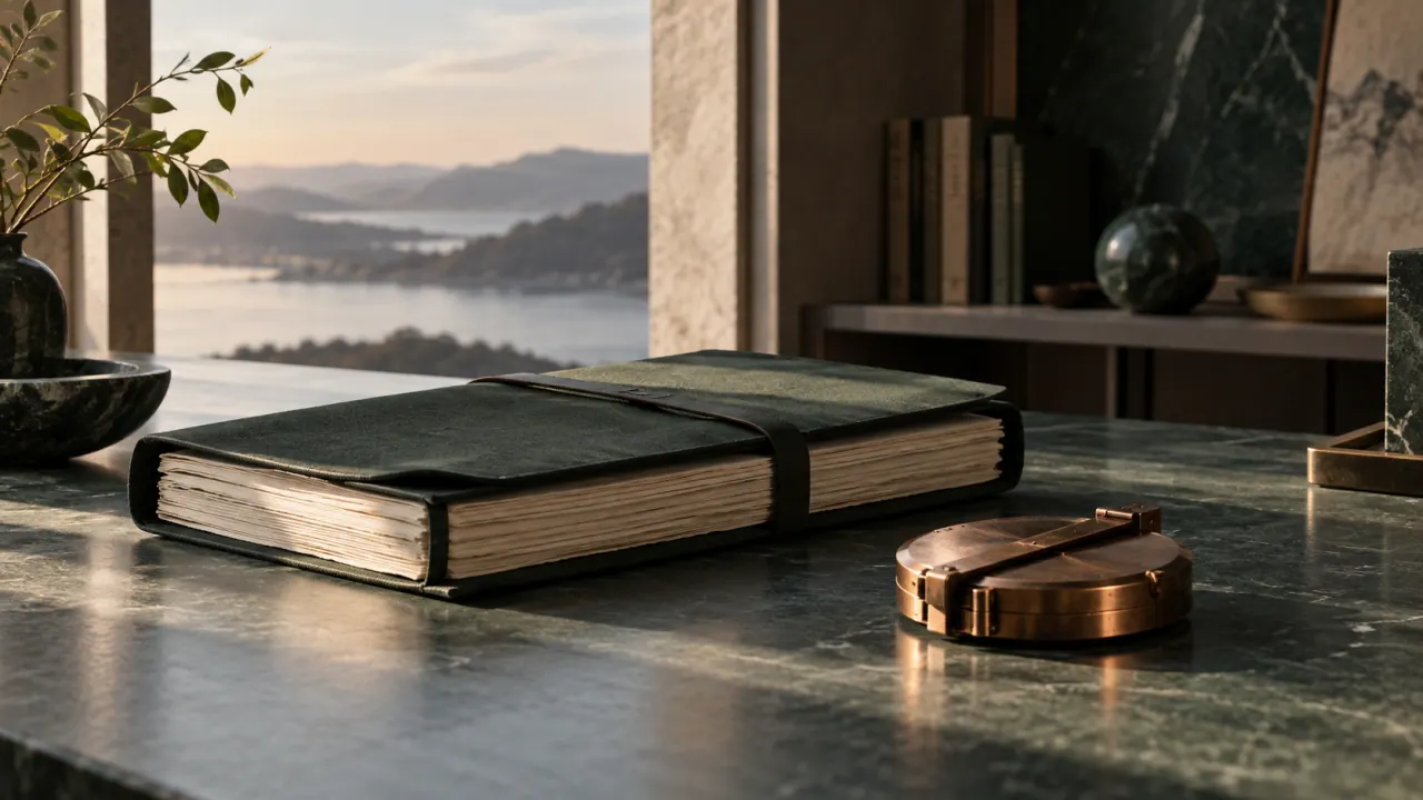A thick green folio bound with an elastic band beside a closed copper measuring tape