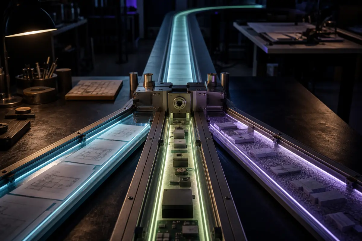 Three illuminated glass work lanes carrying different artifacts converge at one metal integration gate before continuing as a single track.