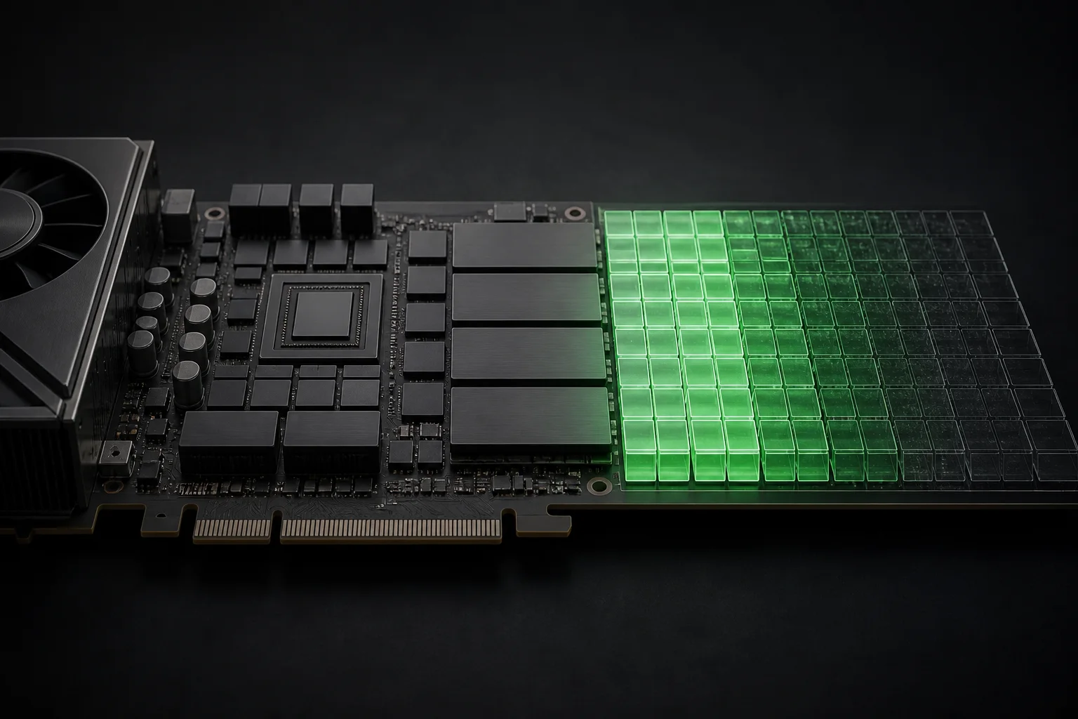 Conceptual GPU board with fixed dark model blocks and an expanding green KV cache