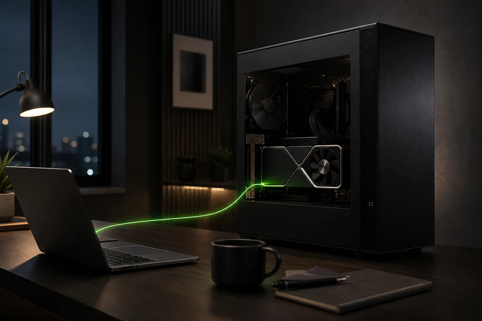 Laptop linked by a green light path to a local RTX 5090 workstation