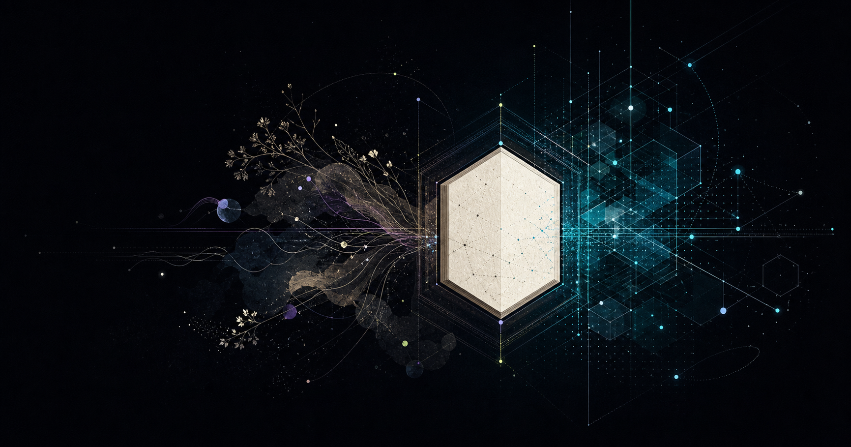 An open notebook joining organic branches and a luminous computational grid.