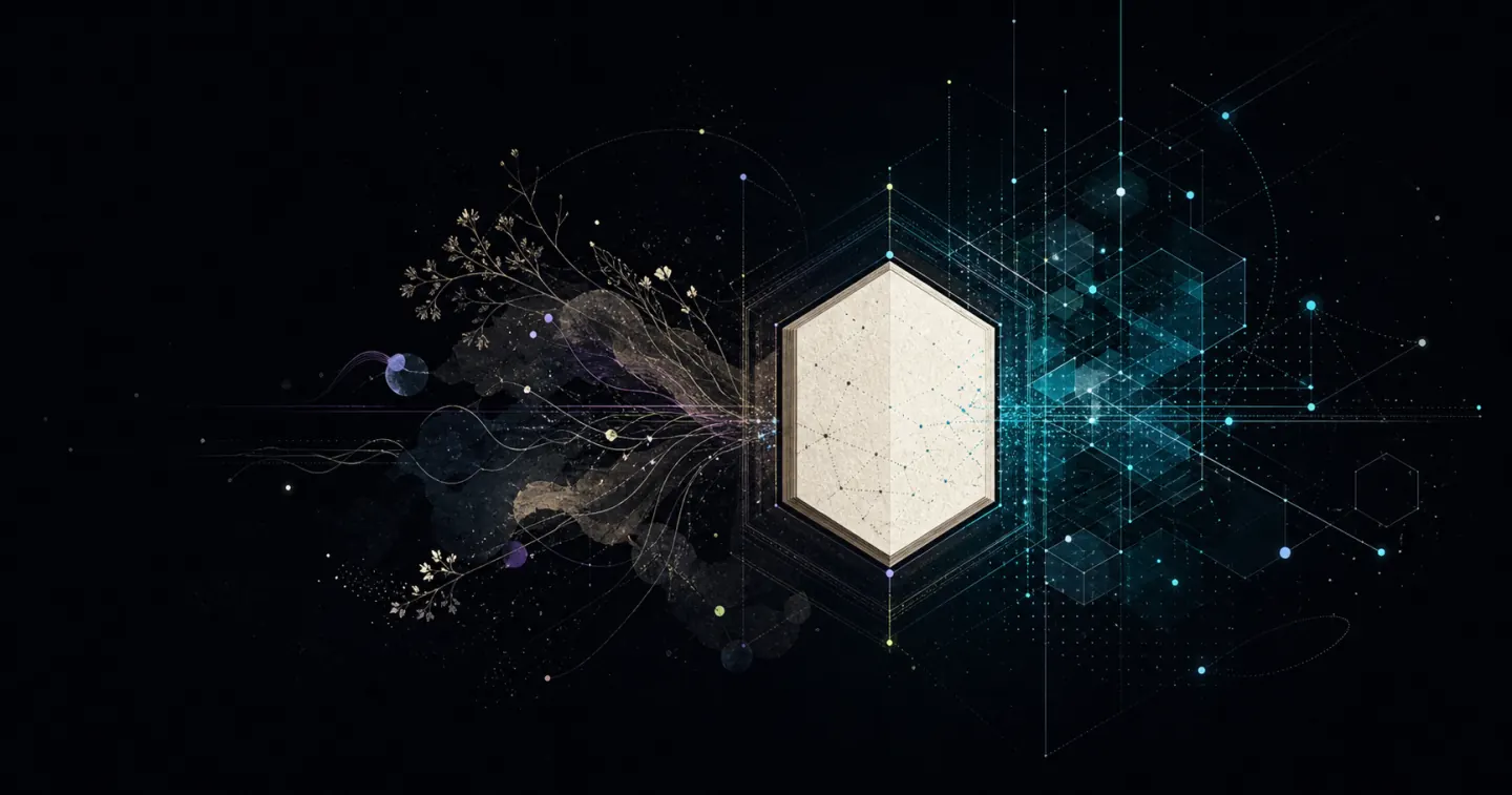 دفتر مفتوح يصل بين أغصان عضوية وشبكة رقمية مضيئة.